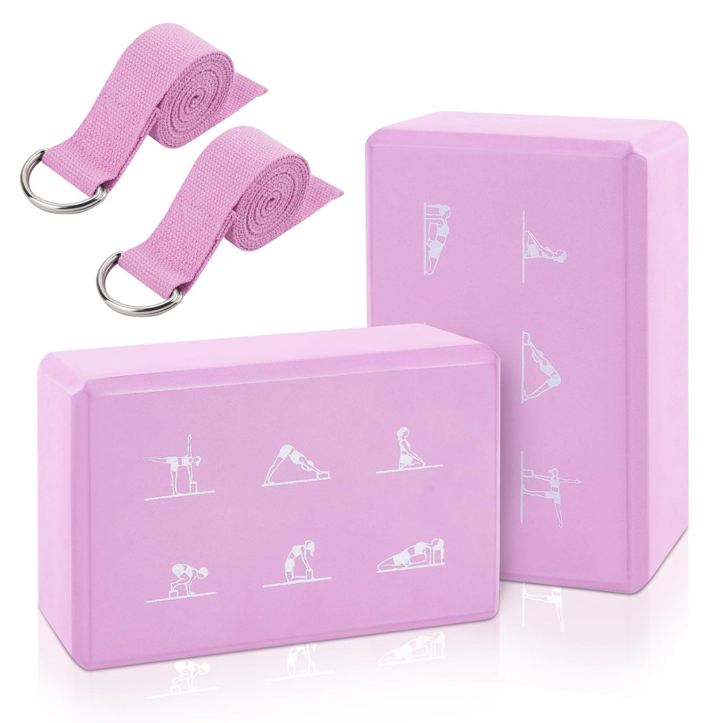 2 Yoga Block and Yoga Strap Set, FHDUSRYO High Density EVA Foam Blocks, Non-slip Yoga Bricks with 6ft Strap, Supportive Latex-Free Yoga Block Kit to Improve Balance and Flexibility (Pink, 9×6×3")