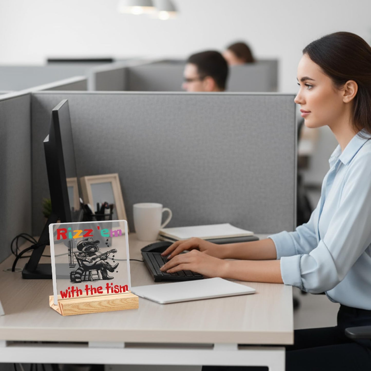 VFU Rizz 'em With The Tism Sign Funny Humorous Neurospicy Meme Office Desk Decor Wooden Plaque for Gamers Gag Gift for White Elephant Party Coworkers Employee