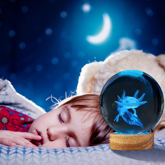 YYLZEPHB 3D Axolotl Crystal Ball Night Light with Woodern Base,16 Colors with Remote Control Cool Desk Decor Gifts for Kids Friends (Axolotl-b)