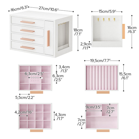 HOOBRO Jewelry Box for Women, Wooden Jewelry Organizer with Transparent Window, 4-Layer Jewelry Organizer Box, Jewelry Holder Organizer for Earrings, Necklaces, Rings, White and Gold WD09JB04