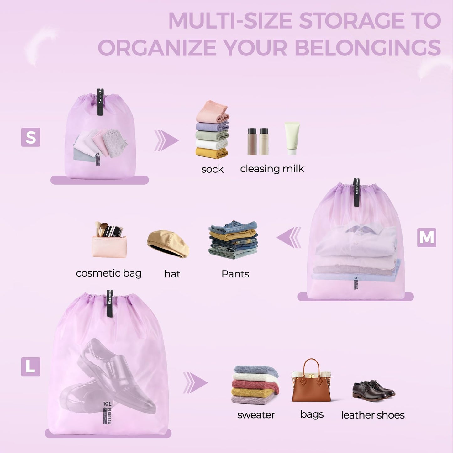 Scandihome 3 Set Packing Cubes for Travel, Ultralight Luggage Organizer Bags Waterproof Storage Bag, Multiple Sizes Reusable Drawstring Bags Used Essential for Gym Swim (Purple)