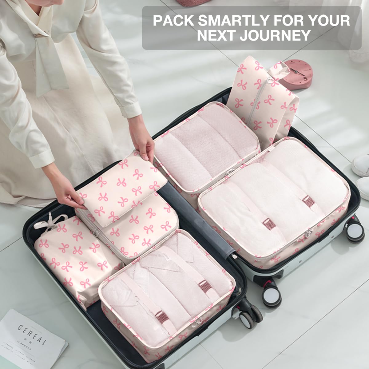 8 Set Packing Cubes for Suitcases,Suitcase Organizer with Shoe,Cosmetics,Clothing, and Accessories Bags for Travel Luggage Organizer Women Men(Pink Bows)
