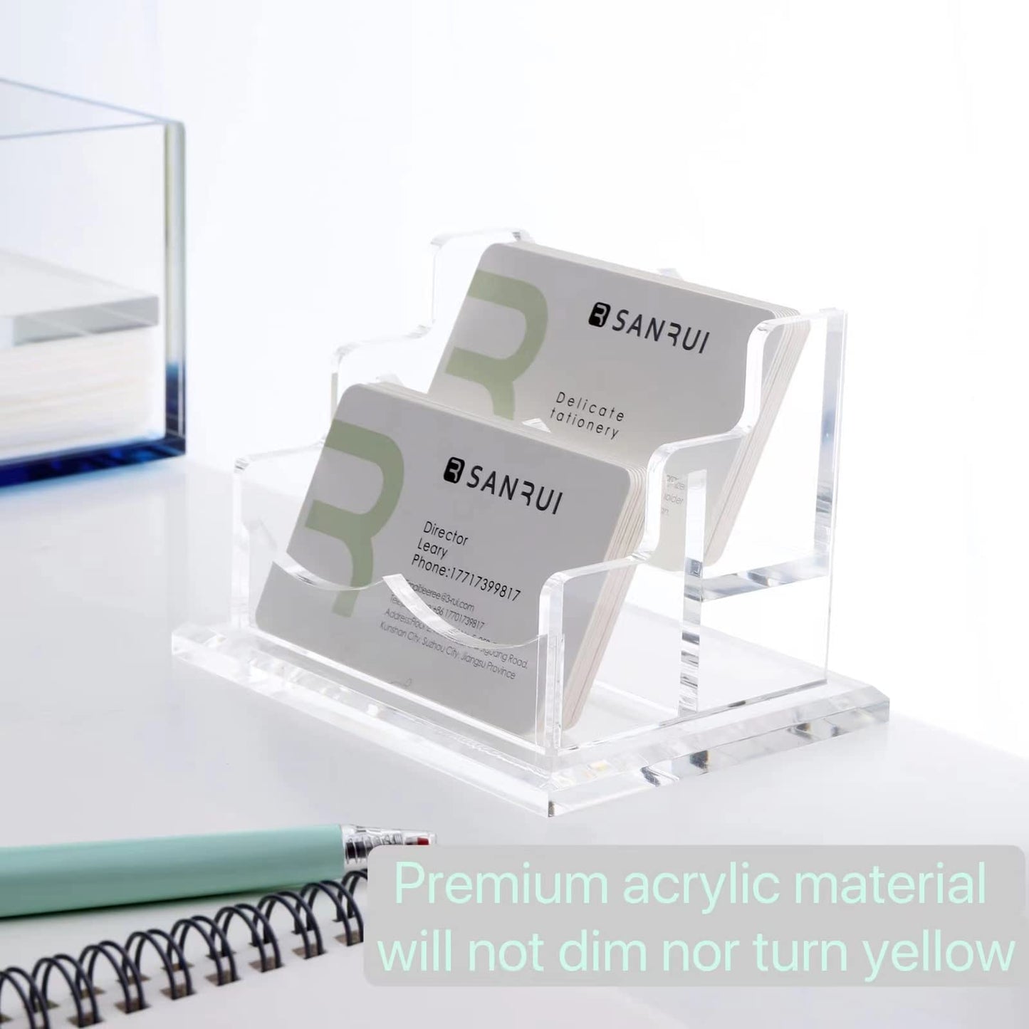 SANRUI Business Card Holder for Desk, Clear Acrylic Business Card Holders Horizontal Business Card Display Stand 2 Slots（Patent No.:US D1,001,889 S）