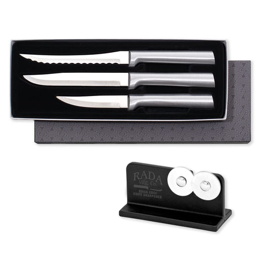 Rada Cutlery Cooking Essentials Gift Set (S49), 3-Piece Knife Set with Quick Edge Sharpener (R119), Stainless Steel Blades, Silver Handle