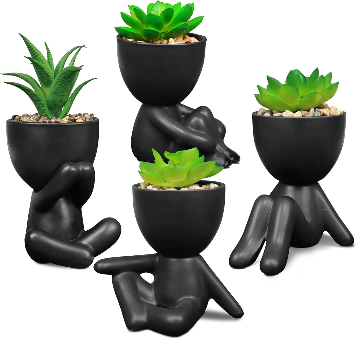 SEMSOIIO Pack of 4 Cute Artificial Succulent Plants in Human Shaped Pots, Funny Desk Decor for Office Women Men, Aesthetic Room Decor, Small Fake Plants for Shelf Bathroom Home Office Gifts (Black)