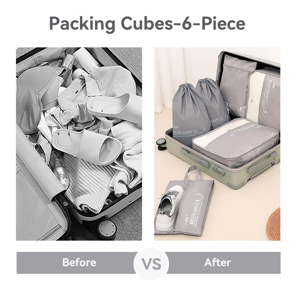 Omnpak 6 Set Packing Cubes Luggage Organizer Bags for Travel Accessories, Suitcase Organizer Bags Set Durable Lightweight with Shoe Bag Waterproof Drawstring Bag
