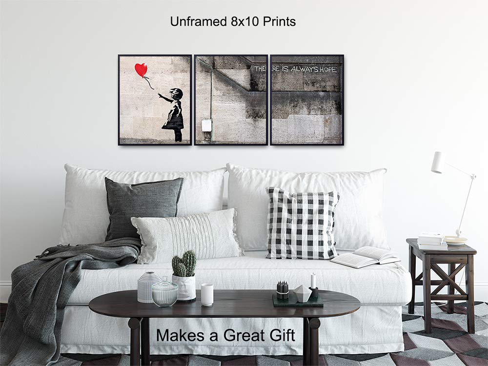 Banksy Girl With Balloon Poster Set - 8x10 Graffiti Street Art Home Decor - Urban Wall, Office or Apartment Decoration for Living Room, Bedroom, Dorm - Unique Gift for Women, Teens, Modern Art Fans
