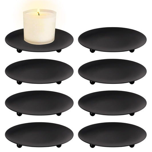 JEFHOMKIT Iron Plate Candle Holder Set of 8,Black Candle Stand Plate,4 Inch Candle Holders for LED & Wax Candles,Decorative Pillar Candle Plate for Valentines Weddings Party Decorations