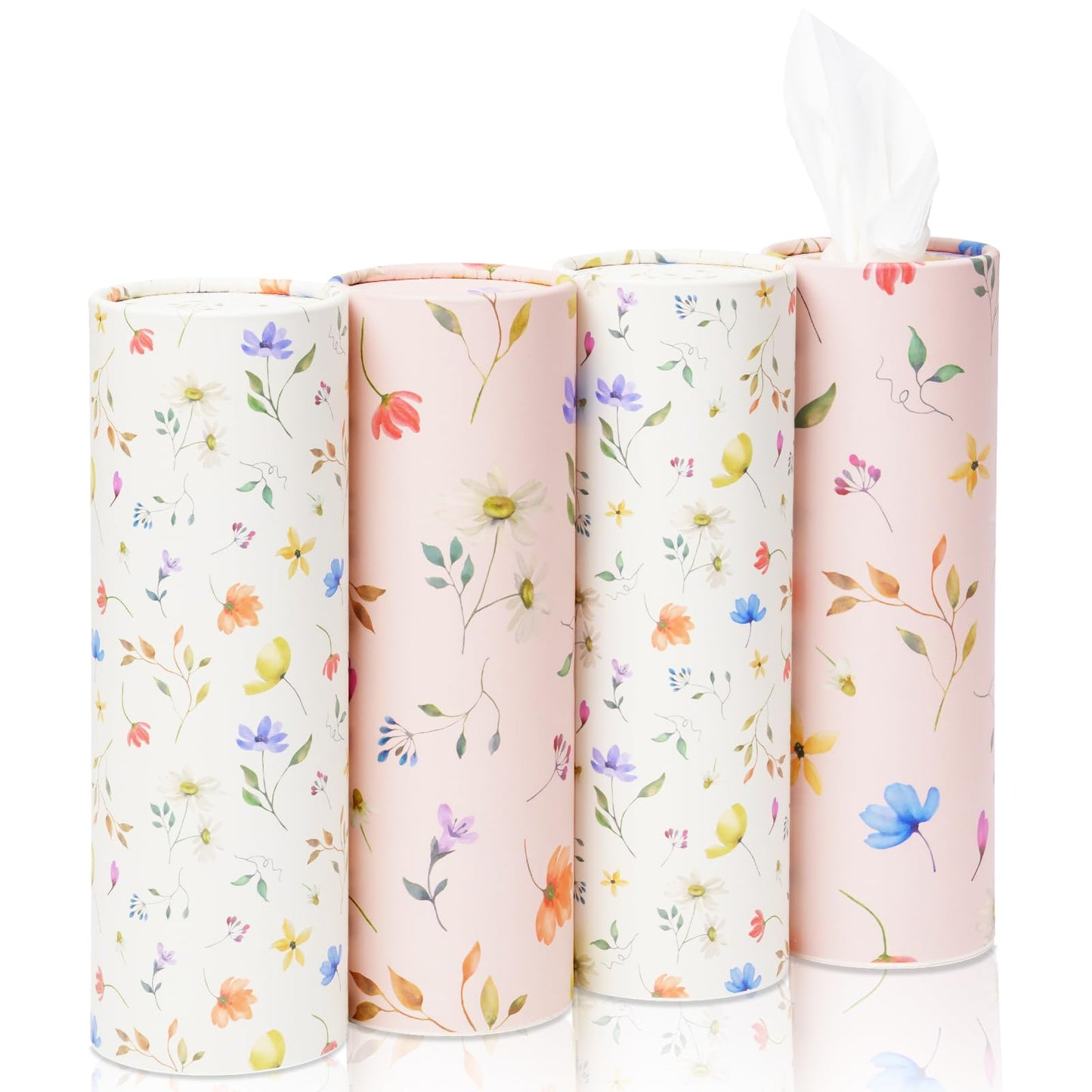4 Pack Pink Wild Floral Car Tissue Holder with 3-Ply Facial Tissues - Round Cylinder Tissues Fits Car Cup Holder, Travel Tissues Bulk (200 Sheets 7.1x7.1") - Cute Sister Mother's Day Birtyday Gifts