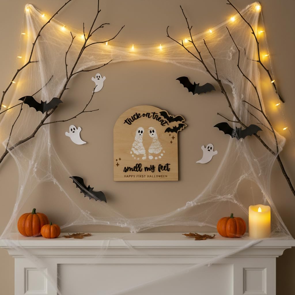 Baby’s First Halloween DIY Footprint Kit – Trick or Treat Wooden Milestone Card Keepsake Sign – Baby halloween Nursery Tabletop Décor, Newborn, halloween Kids stuff