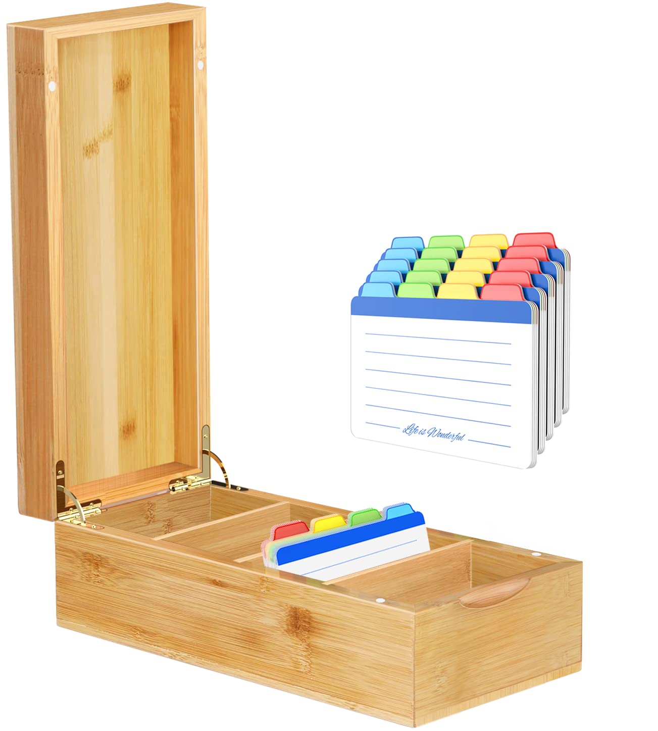 Neando Bamboo Business Card Organizer for 2x3.5 Cards – 600-Card Capacity Wooden Holder with Lid, 4 Compartments, Includes 20 Thick Index Cards – Natural Mini Card Filing Box