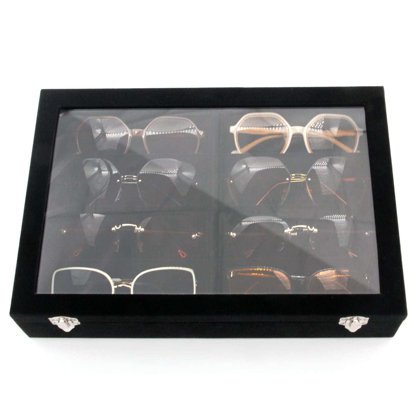 KLOUD City Luxury Sunglasses Organizer - 8 Slot Velvet Jewelry Storage Case with Clear Glass Lid | Dustproof, Scratch-Resistant Display for Glasses & Watches | Elegant Gift Box (14"x9.5")