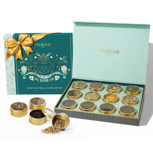 VAHDAM, Bloom - Assorted Tea Gift Set (12 Loose Leaf Tea) Tin Caddy Presentation Box | Gluten Free, Non GMO | Tea Gift Set for Women & Men