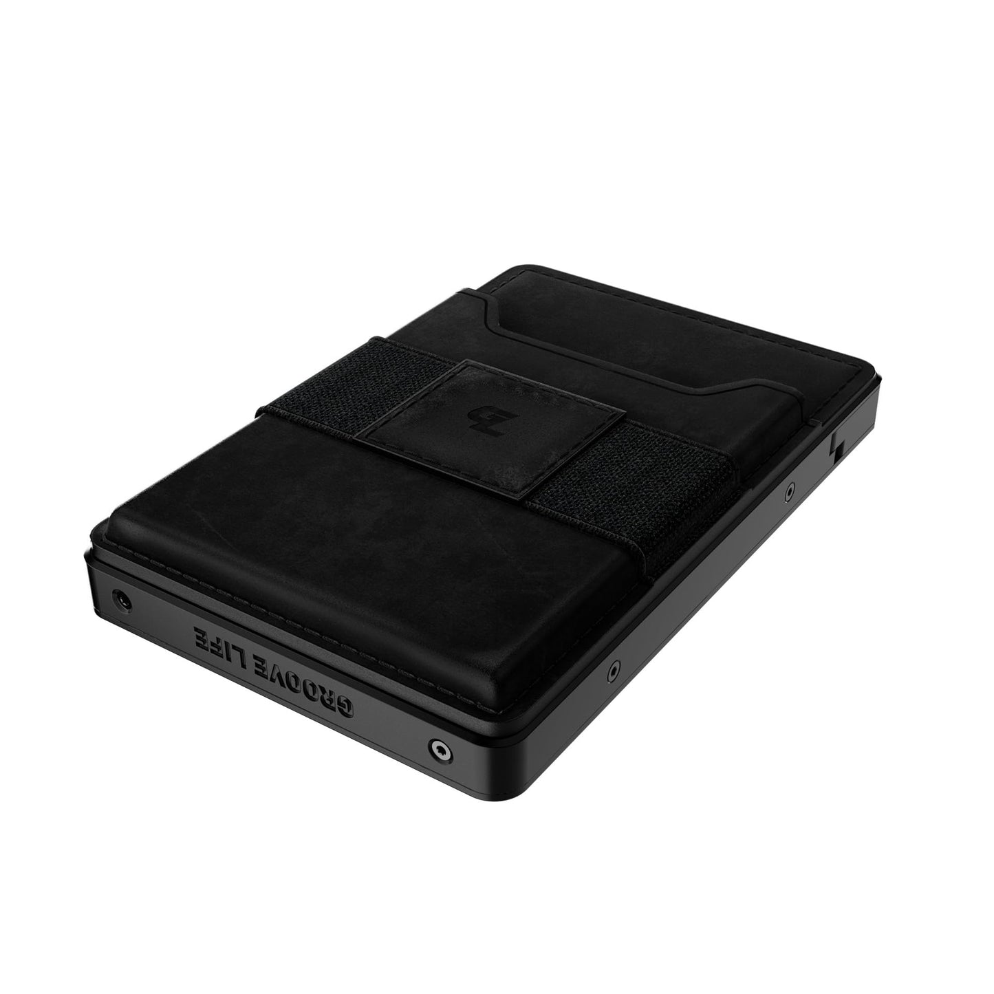 Groove Life Groove Magnetic Thumb Swipe Magsafe Wallet Black/Black Leather Go Mens Minimalist Aluminum Credit Card Holder with RFID Blocking, Genuine Leather Attachment, Lifetime Coverage