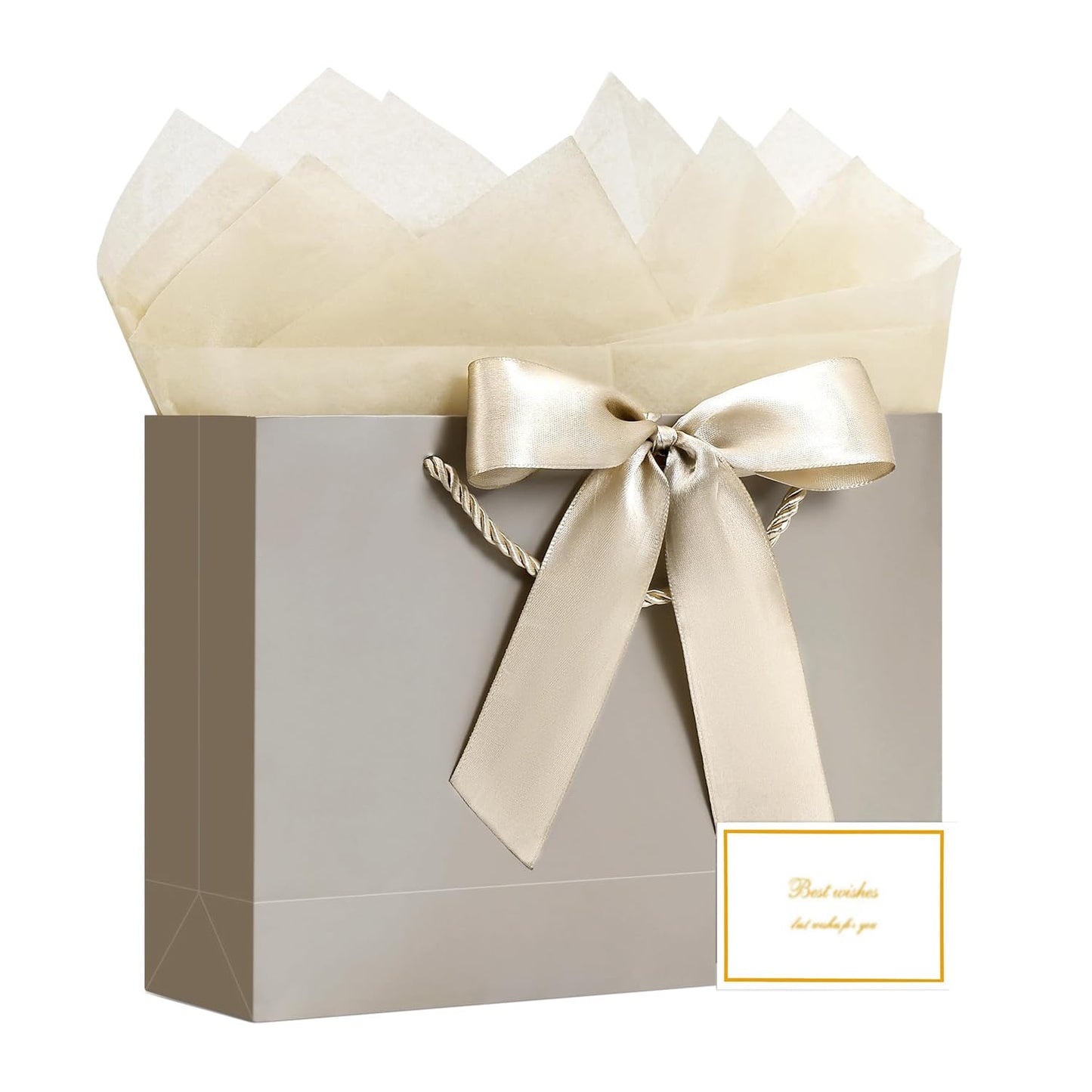 JMANNI Gift Bags with Handles, 13” Medium Gift Bag for Presents, 1 Pcs Bags with 2 Tissue Paper and 1 Cards for Baby Shower Wedding Bridal Shower Mother's Day Birthday Party（champagne gold）