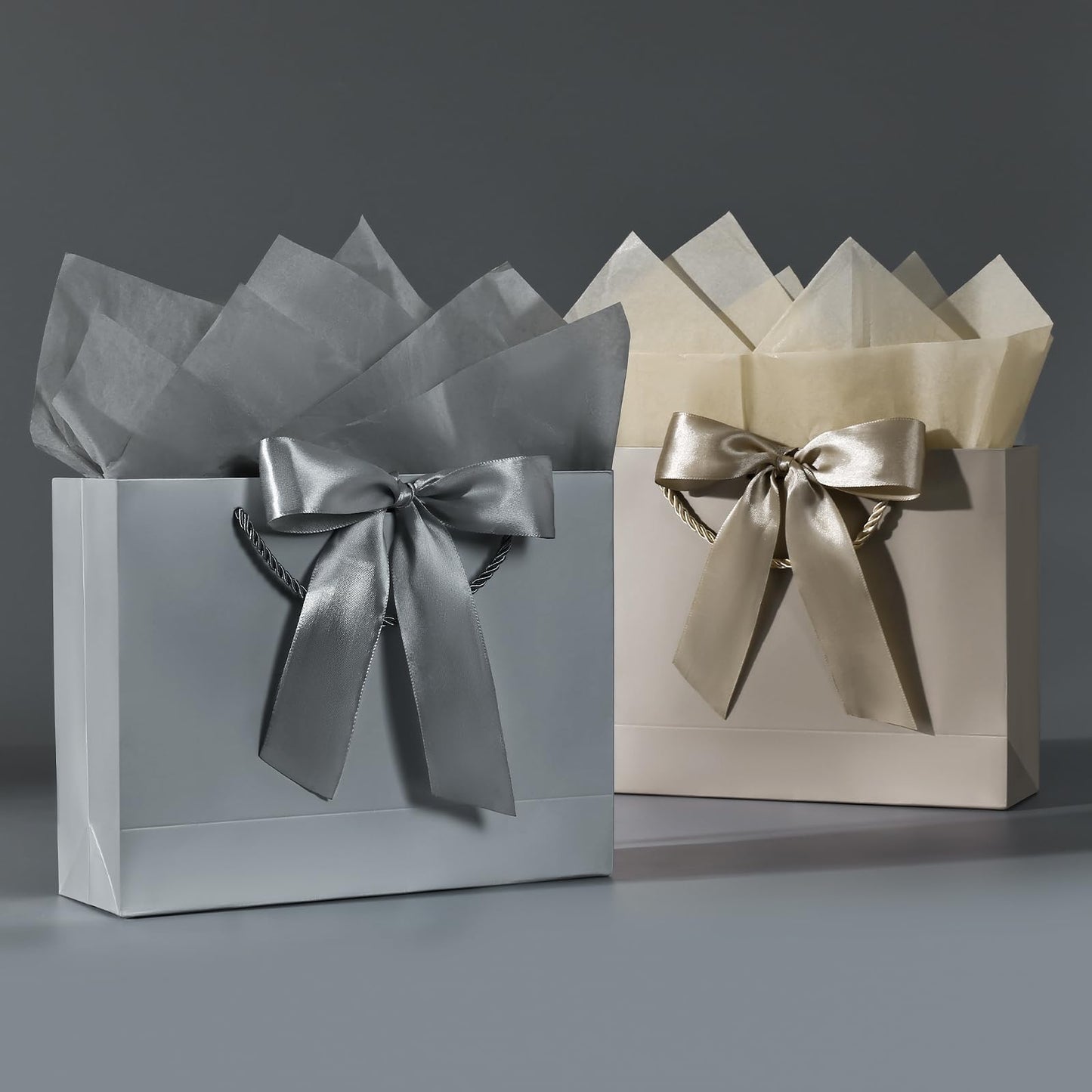 JMANNI Gift Bags with Handles, 13” Medium Gift Bag for Presents, 1 Pcs Bags with 2 Tissue Paper and 1 Cards for Baby Shower Wedding Bridal Shower Mother's Day Birthday Party（champagne gold）