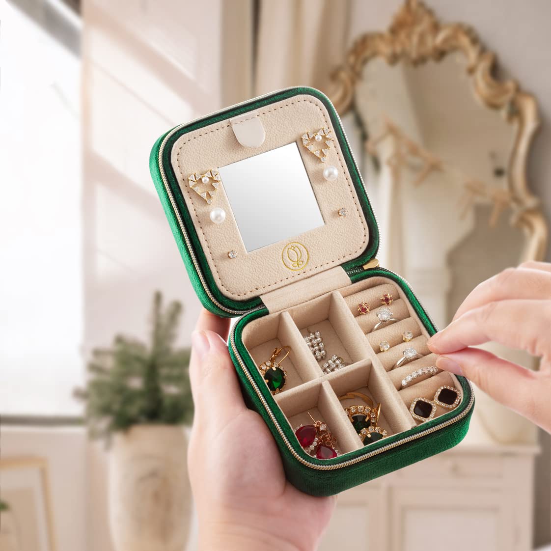 ZPROW Plush Velvet Travel Jewelry Case, Organizer, Box, Small Case for Women, Earring Organizer with Mirror, Best Gifts For Daughter, Girlfriend, Mom | Gifts For Her - Emerald Green