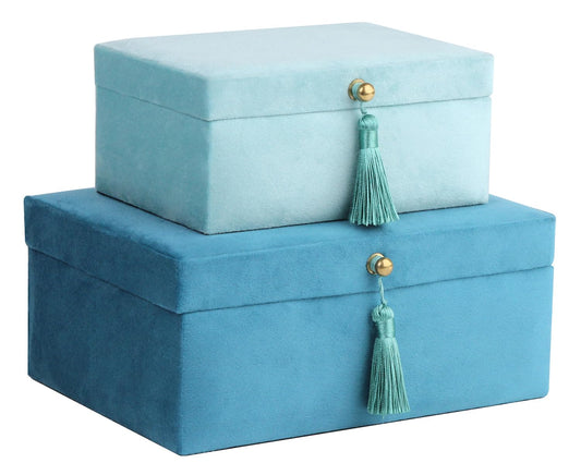 HofferRuffer Velvet Jewelry Boxes Decorative Boxes, Storage Accessory Organizer Boxes with Elegant Handle Decor, Classic Velvet Set of 2 Pieces (Blue)