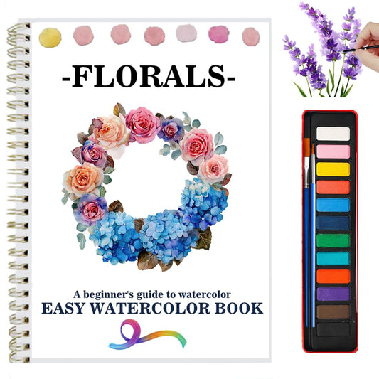 Watercolor Workbooks Coloring Book Beginner Friendly Painting Kit Easy Nature Scenes Paint Set Art Crafts for Creative Exploration Gift for Adults (Flowers, with Palette)
