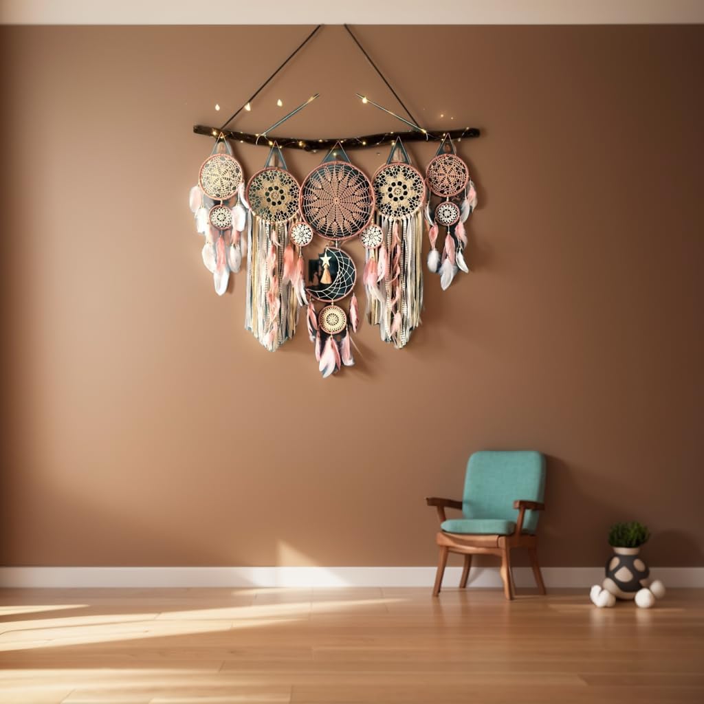 5 Pack Moon Phase Dreamcatcher Set Boho Wall Decor, Boho Macrame Wall Hanging Dream Catchers, for Home, Bedroom, Living Room, Witchy Gifts (White)