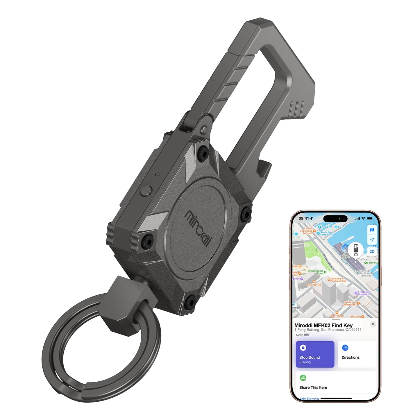 Miroddi Keychain Tracker, Men's Key Chain Works with Find My(iOS Only), Heavy Duty Keychain Carabiner Bottle Opener, Car Key Chains with Finder, Anti-lost Keyrings Tracker, Rechargeable, Gunmetal