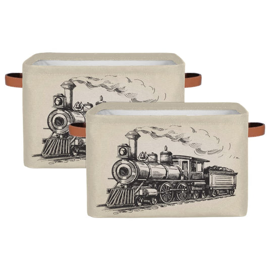 YoCosy Large Storage Baskets for Organizing Shelves Vintage Steam Locomotive Train Foldable Cube Storage Bins with Handles Rectangle Fabric Closet Organizers for Home Toys Clothes, 2 Pack