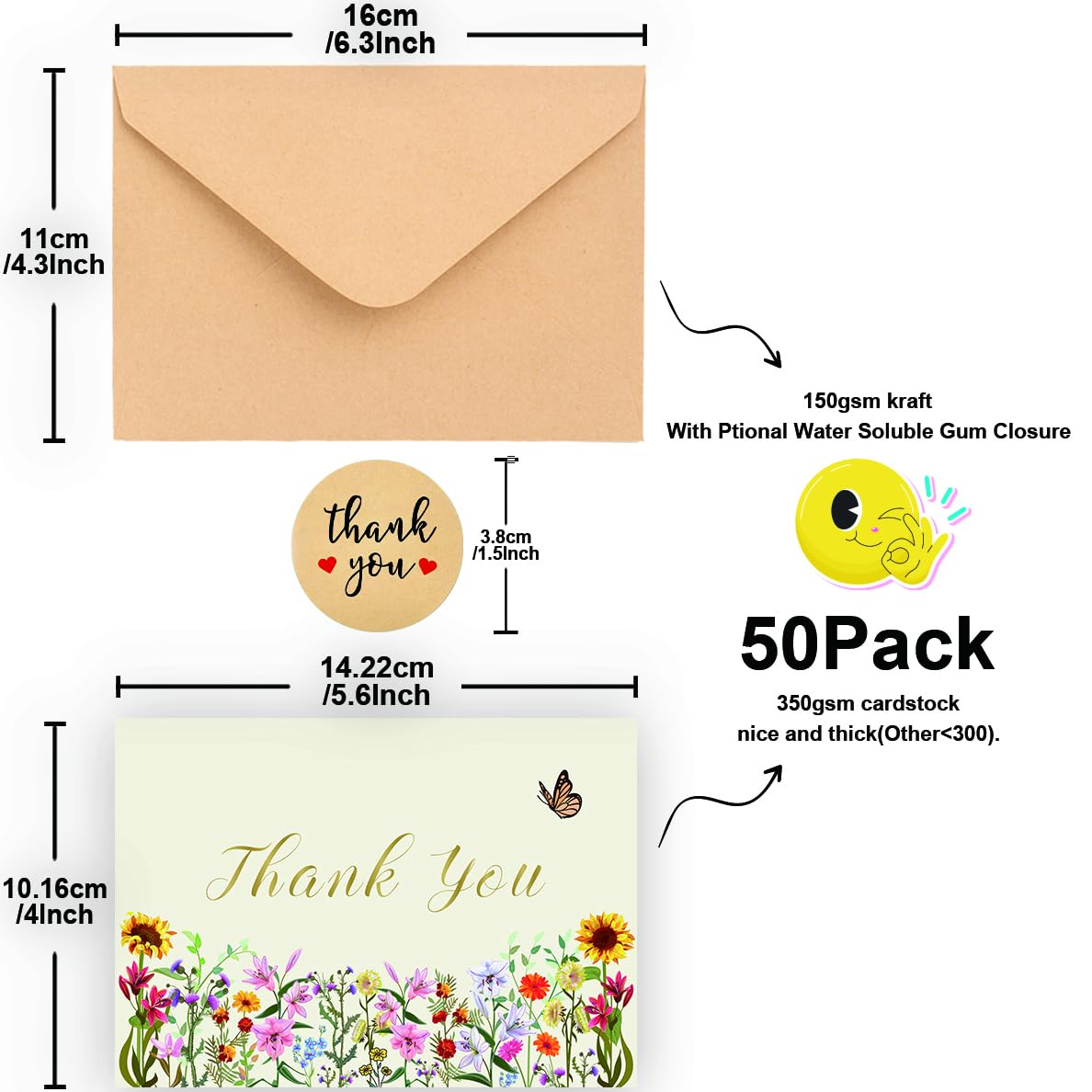 50 Pack 350GSM | Thank You Gifts | Thank You Cards with Envelopes | Small & Baby Shower & Wedding Thank You Cards | Thank You Notes & Cards for Teacher, Graduation, Business, Holiday, and Christmas