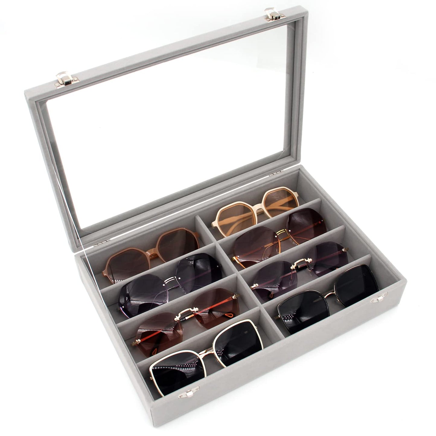 KLOUD City Luxury Sunglasses Organizer - 8 Slot Velvet Jewelry Storage Case with Clear Glass Lid | Dustproof, Scratch-Resistant Display for Glasses & Watches | Elegant Gift Box (14"x9.5")