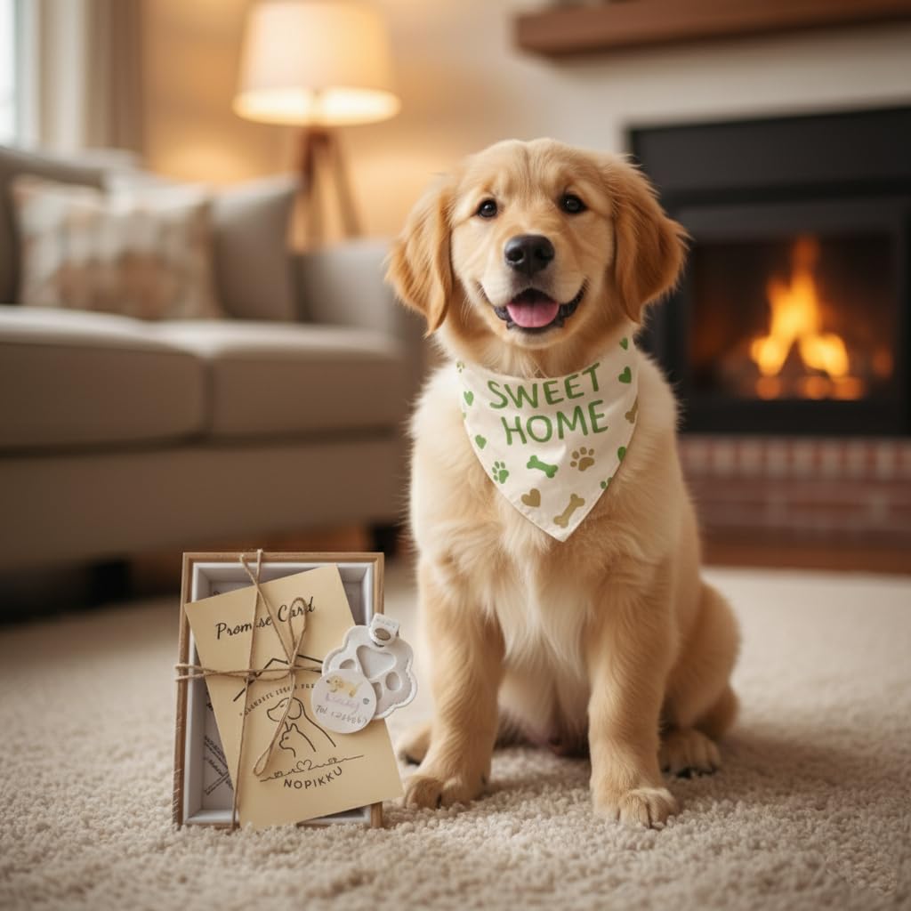 Nopikku Sweet Home Pet Welcome Gift Box for New Dog Owners, Keepsake Set with Bandana, Paw Print Name Tag, Promise Card & Photo Frame, Thoughtful Gift for Puppy Adoption