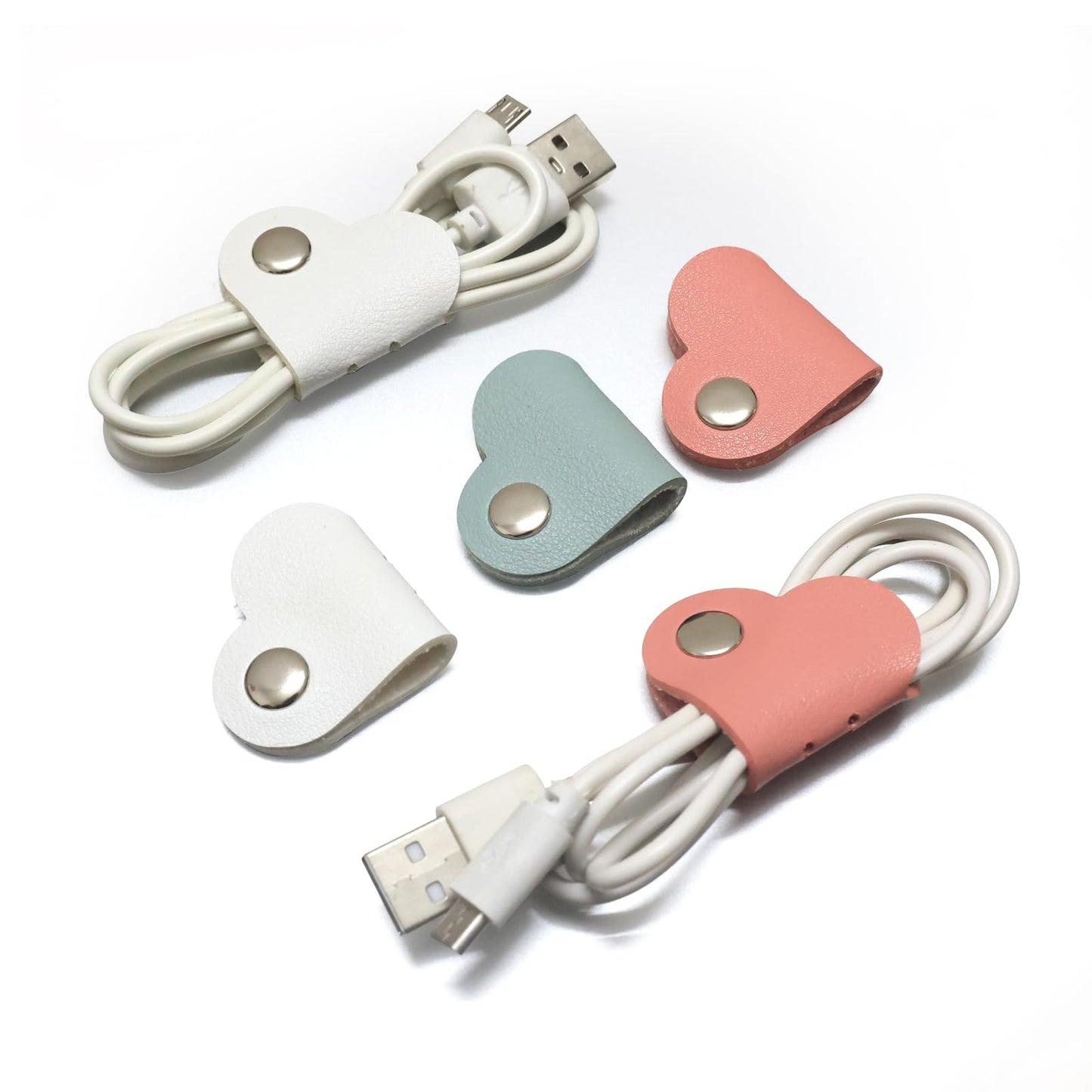 Heart Cord Organizer Earbud Holder Earphones Headphones Cable Winder Earbud Organizer, 3PCS PU Leather Cable Organizer Gifts for Men Women lover, Matcha Green/Pink/White