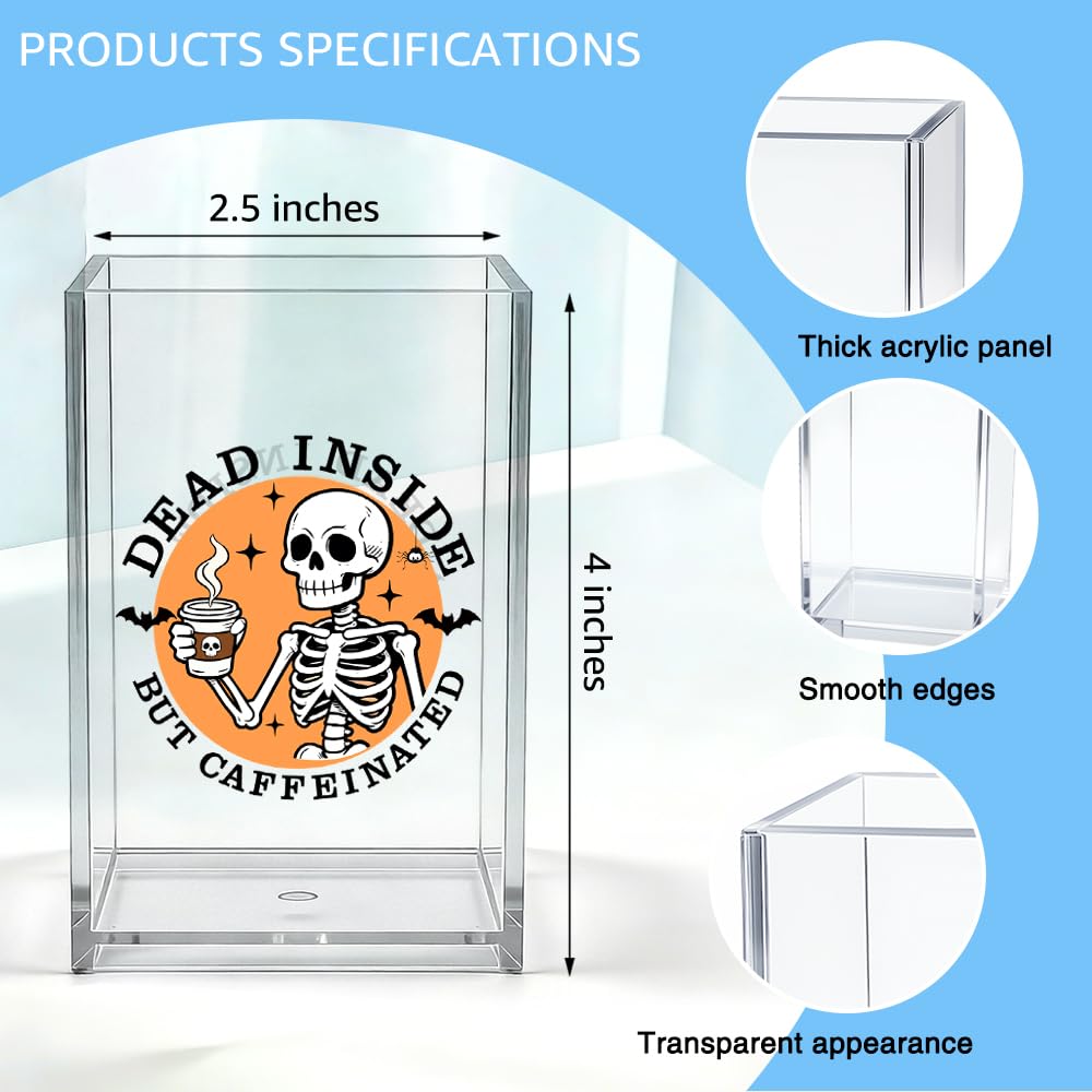 WHTYEFZ Dead Inside But Caffeinated Acrylic Organizer Pencil Pen Holder, Skeleton Coffee Acrylic Desk Organizer, Funny Office Gifts for Coffee-Addicted Coworker Boss, Dark Humor Gifts for Student