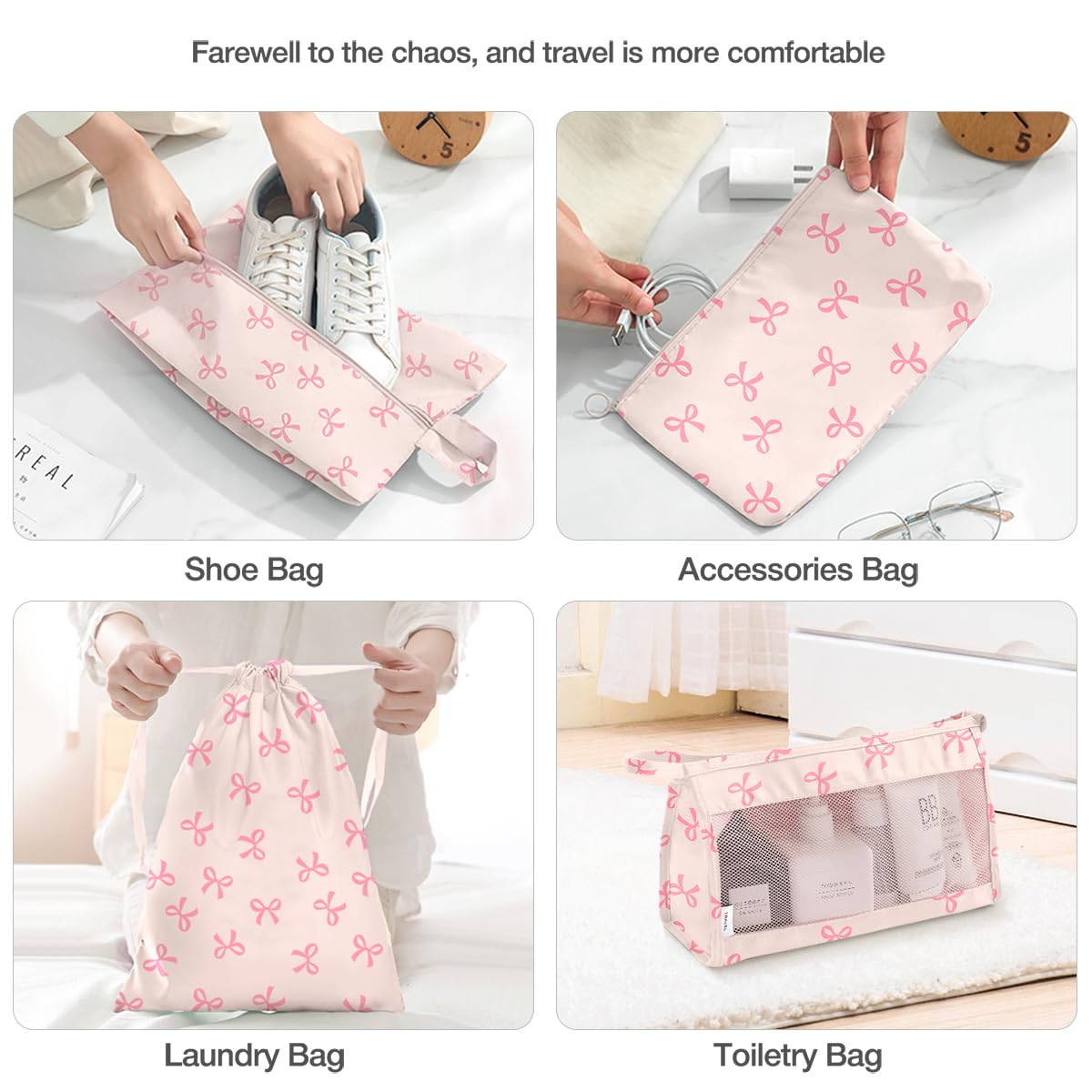 8 Set Packing Cubes for Suitcases,Suitcase Organizer with Shoe,Cosmetics,Clothing, and Accessories Bags for Travel Luggage Organizer Women Men(Pink Bows)