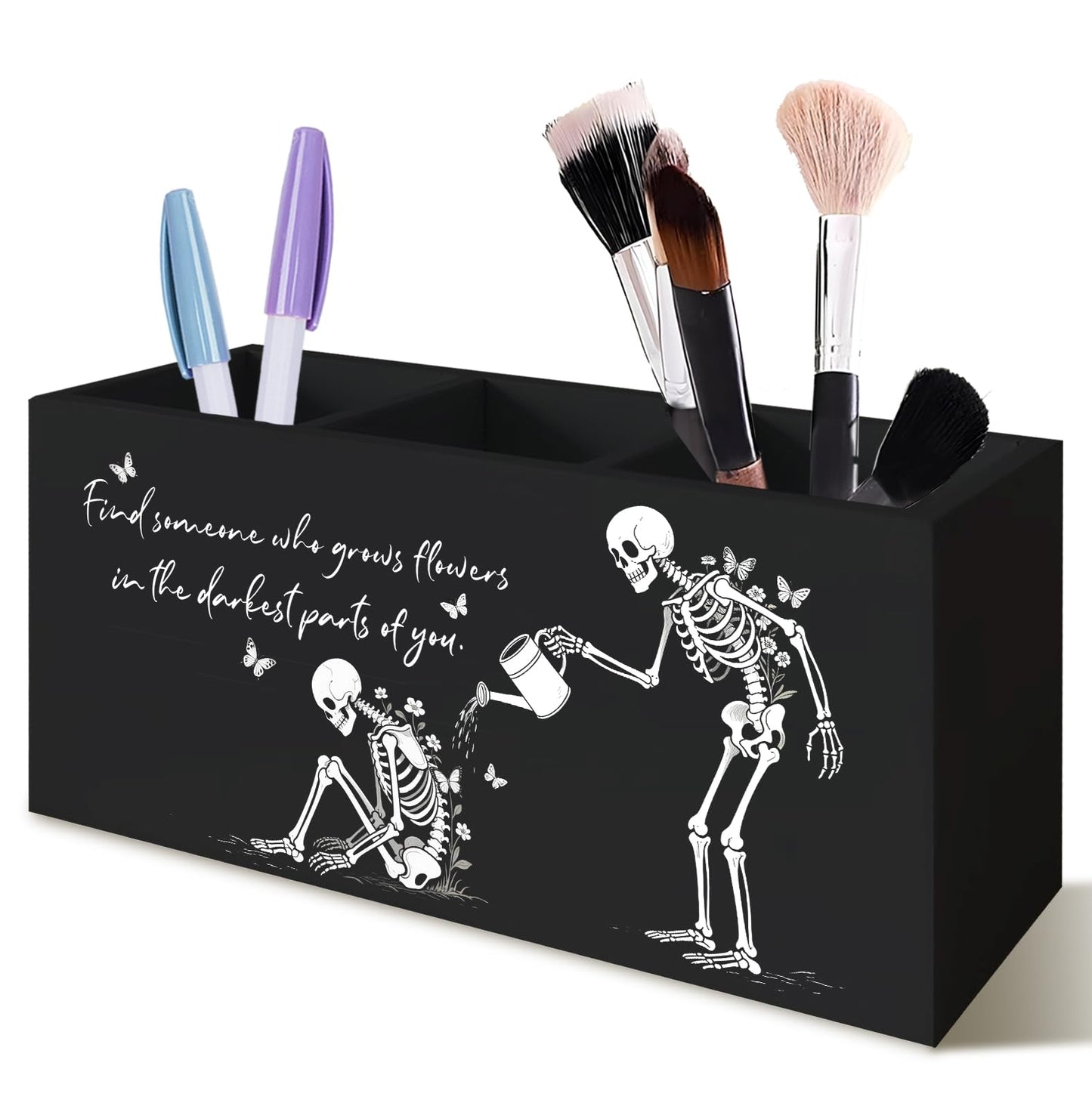 KRHFG Halloween Gothic Skeleton Pen Pencil Holder for Desk, Gothic Gifts for Women, Funny Inspirational Halloween Wood Signs for Home Office Desk Tabletop Decor and Accessories