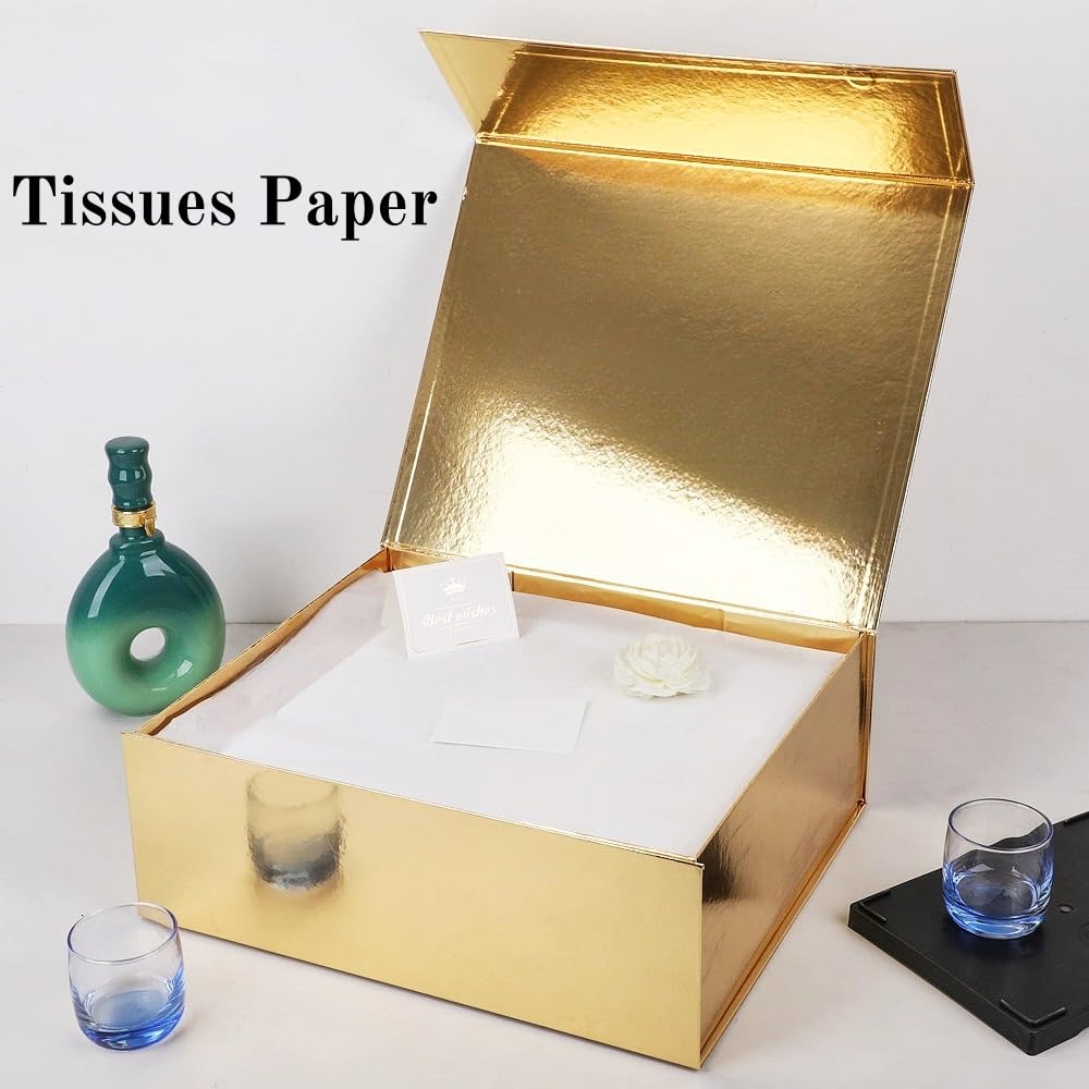 UoeRing 1 Pcs Gold Gift Box Large 13.5x11.8x4.7 inch Luxury Gift Box for Presents with Magnetic Closure Lid Collapsible,Birthday,Contains Card, Ribbon, Tissue Paper,Shredded Paper Filler