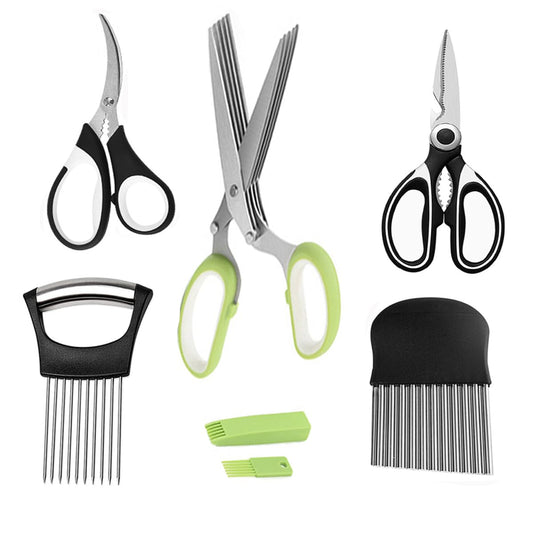 5-Blade Herb Scissors, Kitchen Shears, Seafood Scissors, Onion Holder Slicer and Potato Crinkle Cutter, yamesu Kitchen Gadget Salad Herb Tools 5 Sets
