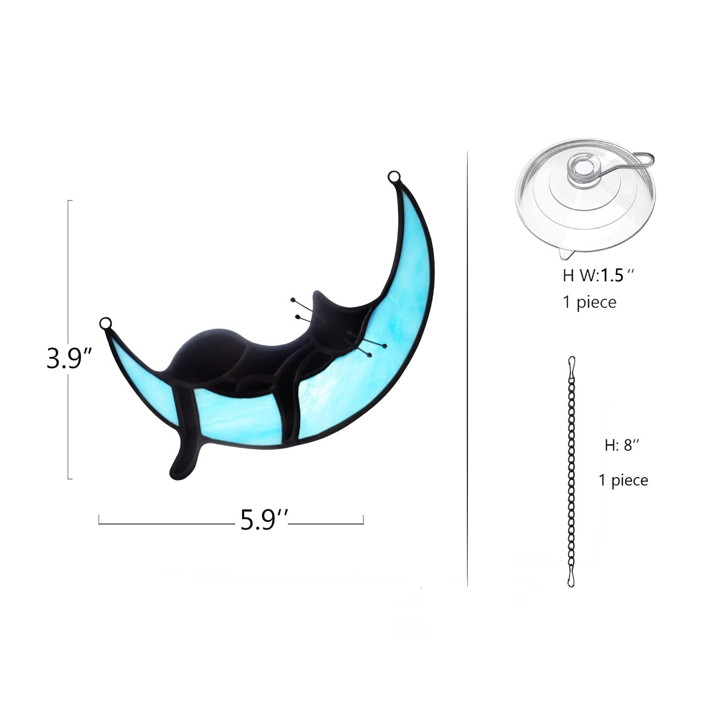 BOXCASA Black Cat on Moon Stained Glass Witchy Gifts for Women - Indoor Suncatchers for Windows Hanging,Christmas for Cat Lovers (with Suction Cups and Chains)