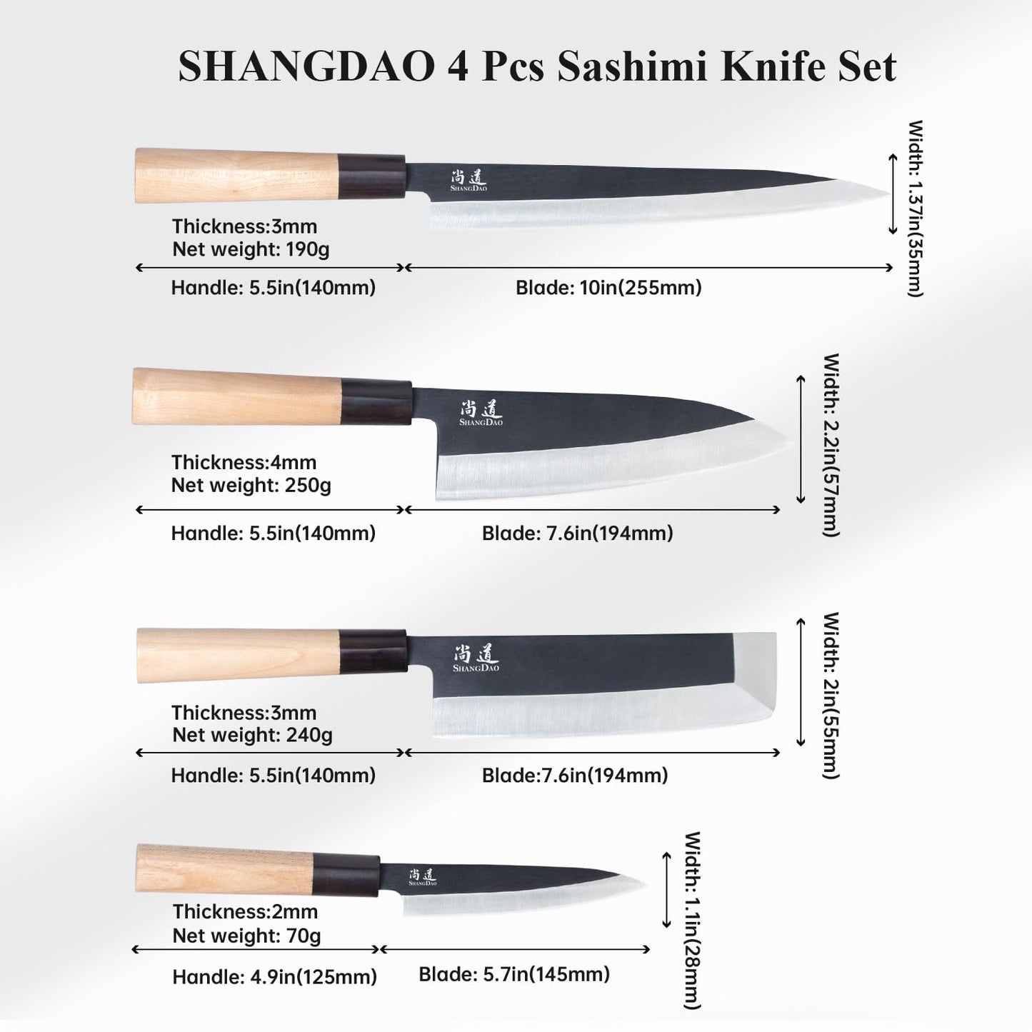 SHANGDAO Japanese Kitchen Chef Set Of 4 Knives Set Sushi Knife Set, Nakiri-Yanagiba-Deba-Utility Kitchen Knife,Fish Slicing Filleting Knife Sets, German Steel