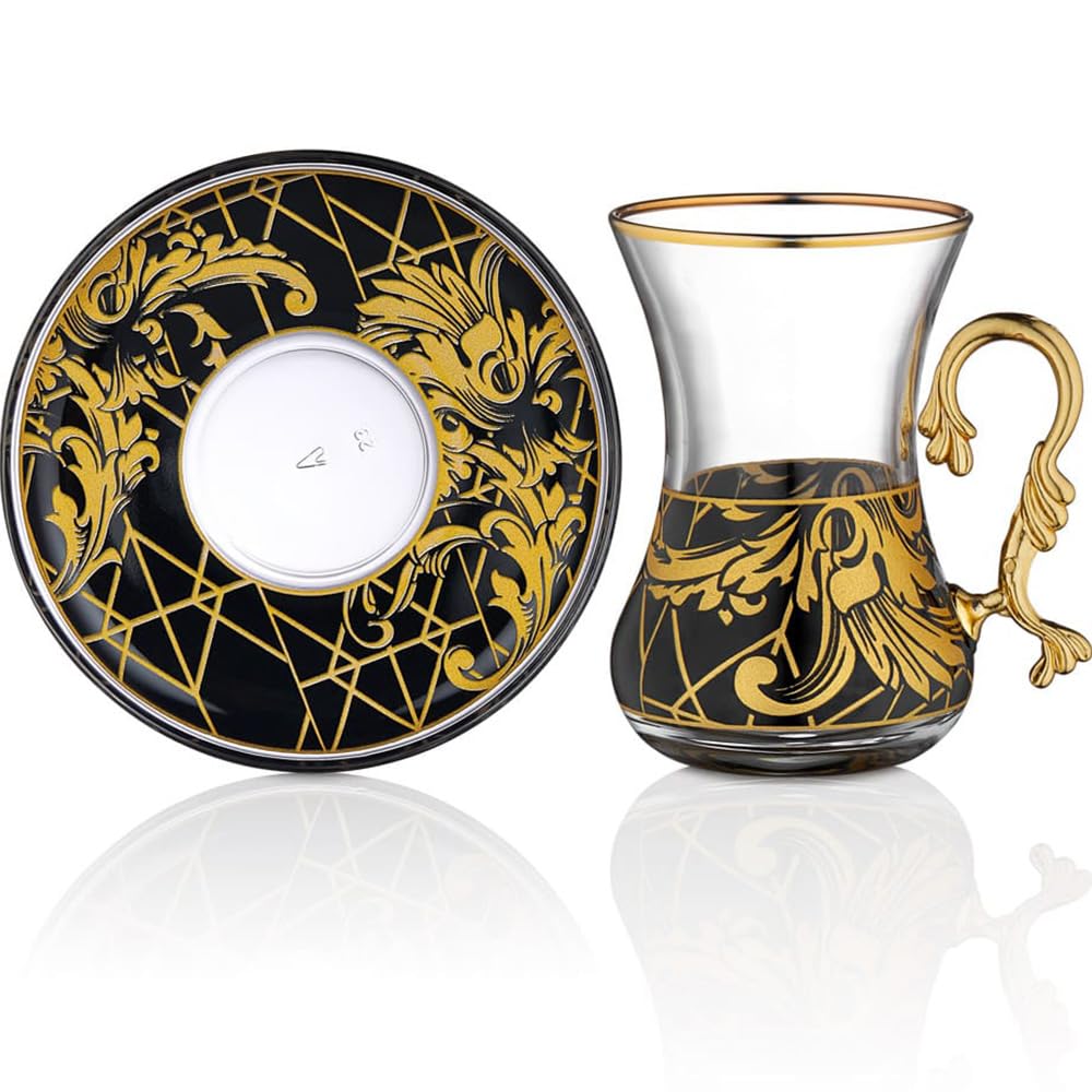 Vissmarta Gold Vintage Turkish Tea Glasses Cups and Saucers Set of 6 Drinking Glassware Party Adults Fancy Serving Coffee Tray Drinks Kettle Women Christmas Gift Teacup Handle Moroccan Drinkware Rim
