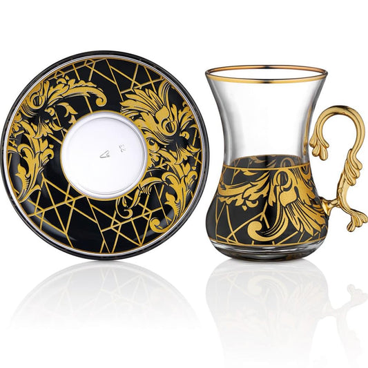 Vissmarta Gold Vintage Turkish Tea Glasses Cups and Saucers Set of 6 Drinking Glassware Party Adults Fancy Serving Coffee Tray Drinks Kettle Women Christmas Gift Teacup Handle Moroccan Drinkware Rim