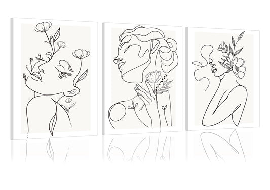yulihaz Minimalist Woman Flower Line Wall Art Set of 3 Neutral Modern Abstract Black and White Girl Canvas Painting Poster Prints Picture Wall Decor for Bedroom Living Room Framed 12x16 inch