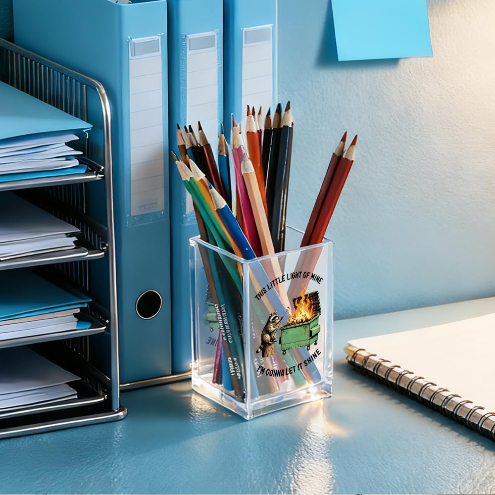 QYUVK This Little Light Of Mine I'm Gonna Let It Shine Acrylic Cosmetic Pencil Holder Cup, Funny Raccoon Dumpster Fire Pen Holder Gifts For Women Men Friends HR Doctor, Office Gifts for Coworkers