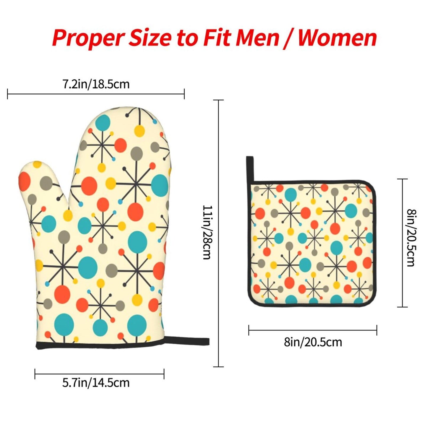 Mid Century Fifties Modern Atomic Retro Oven Mitts and Pot Holders Sets of 3, Yellow Kitchen Decor or Accessories, Heat Resistant Hot Pads Oven Gloves,Cooking Grilling Baking Gifts for Women