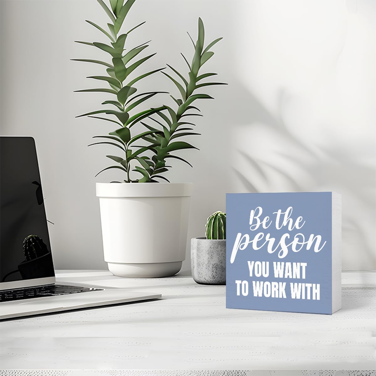Inspirational Grey Blue Wood Box Sign Be the Person You Want to Work with Wooden Block Sign Motivational Desk Décor for Home Office Cubicle,Office Gift for Friend Coworker Employee