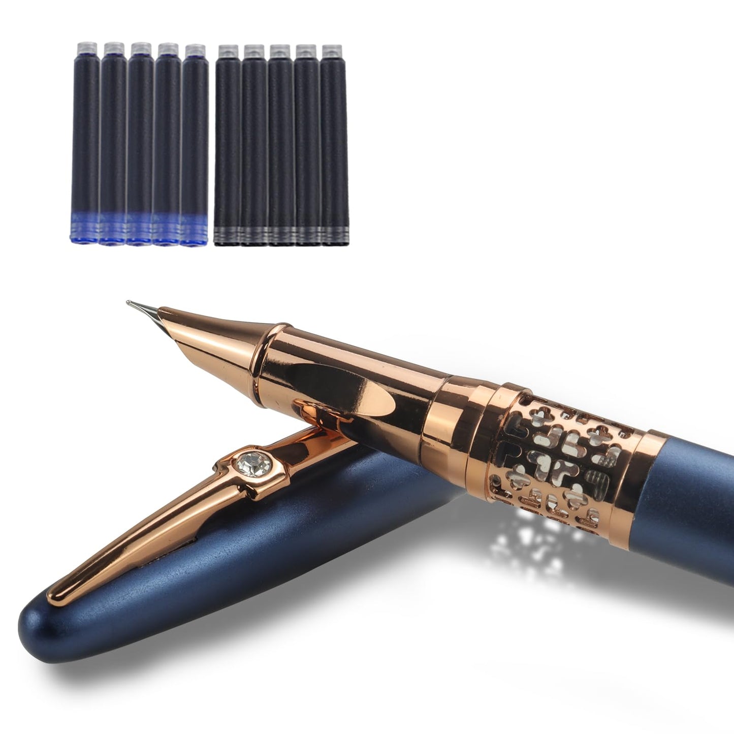 YUNCHUN Refillable Fountain Pen Fine Nib, Fancy Ink Pen with 10 Black & 10 Blue Ink Refills Cartridges, Cool Ink Pens for Writing, Business Metal, Best Gift Set for Men & Women, Blue