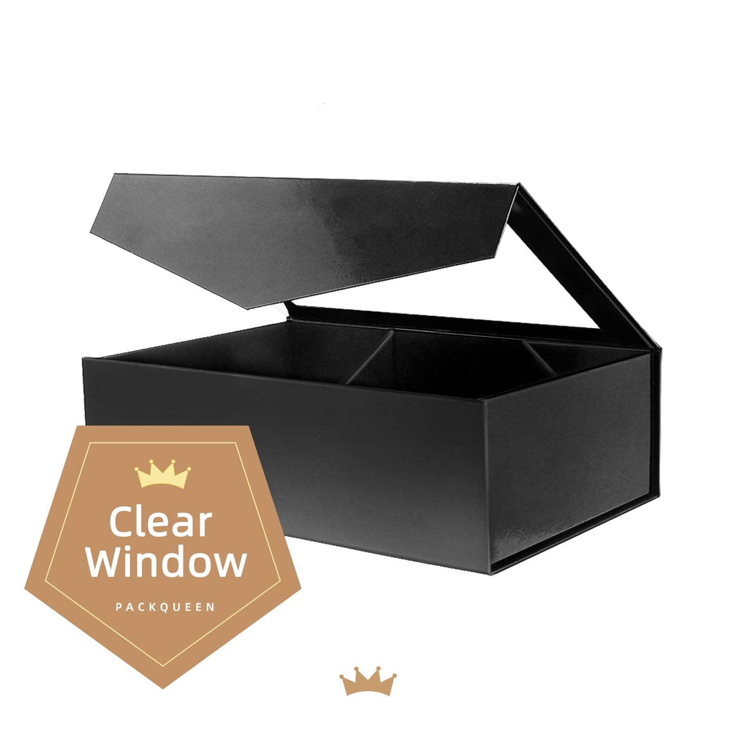 PACKQUEEN Large Black Gift Box with Window, 13.5x9x4.1 Inches Clear Gift Box for Present Contains Ribbon, Card, Groomsman Proposal Box with Magnetic Lid (Glossy Black)