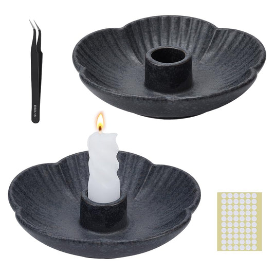 NBEADS 2 Pcs Ceramic Taper Candle Holders, Black Flower Taper Holder with Double Sided Adhesive Vintage Candlestick Holder Centerpieces for Home Wedding Decoration, Housewarming Gifts