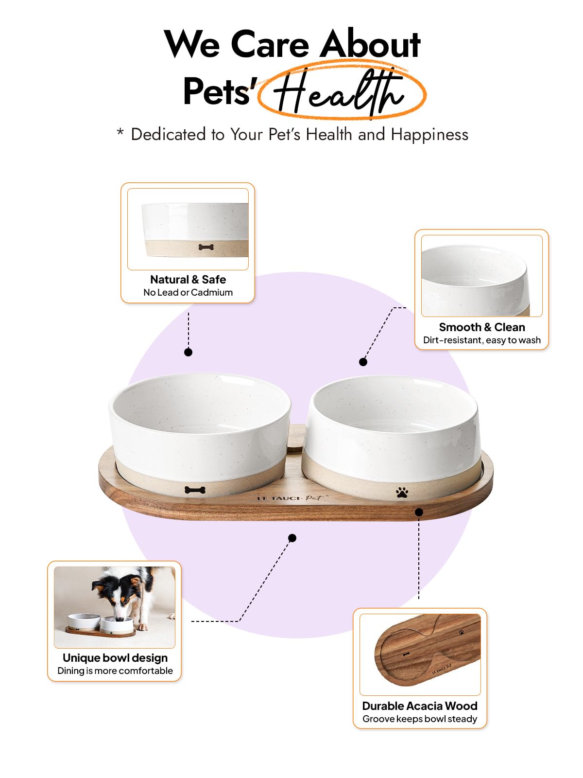 LE TAUCI PET Ceramic Dog Bowls for Medium and Small Dogs - 3.2 Cup Weighted Non-Slip Food and Water Bowls with Acacia Wood Tray, Pet Bowl Set of 2