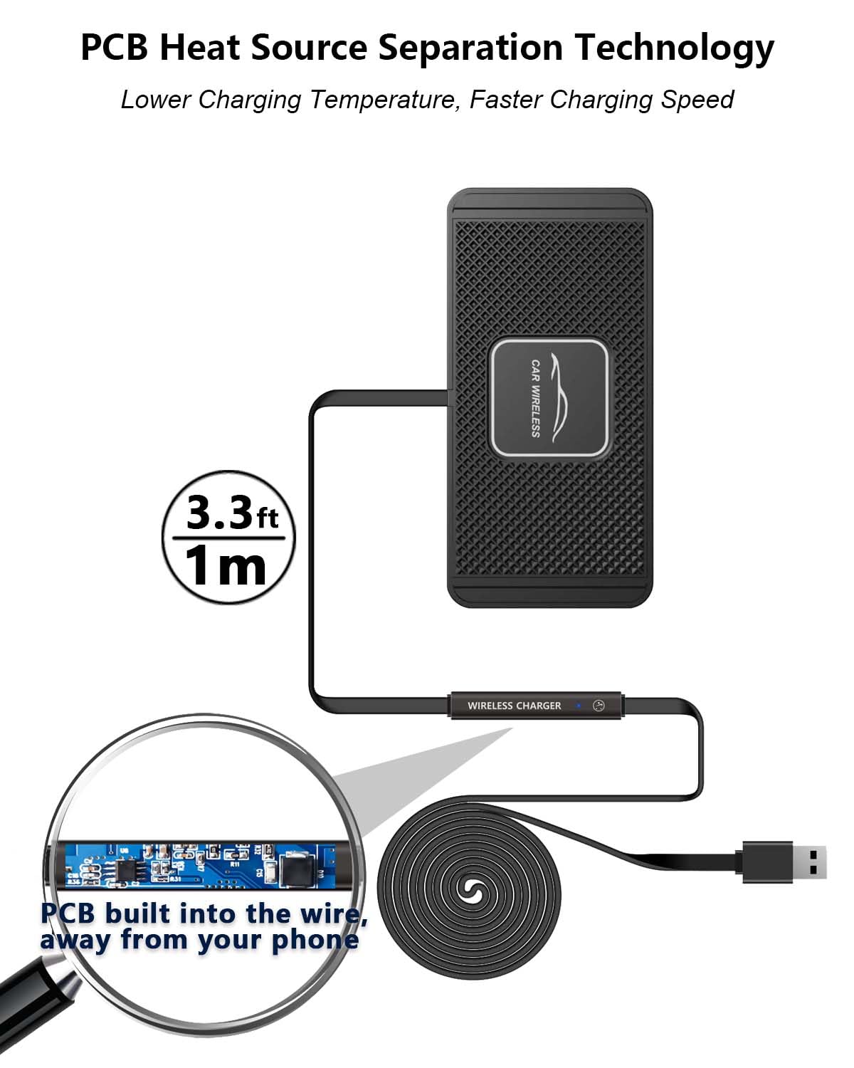 Wireless Car Charger Qi Charging Pad Fast 15W 10W 7.5W Charge Adapter for iPhone 14 13 12 Mini 11 Pro Max 8 Plus X XR Xs Airpods Samsung Galaxy Buds S21 S22 S23 S24 Android Phones (39' Long Cable)