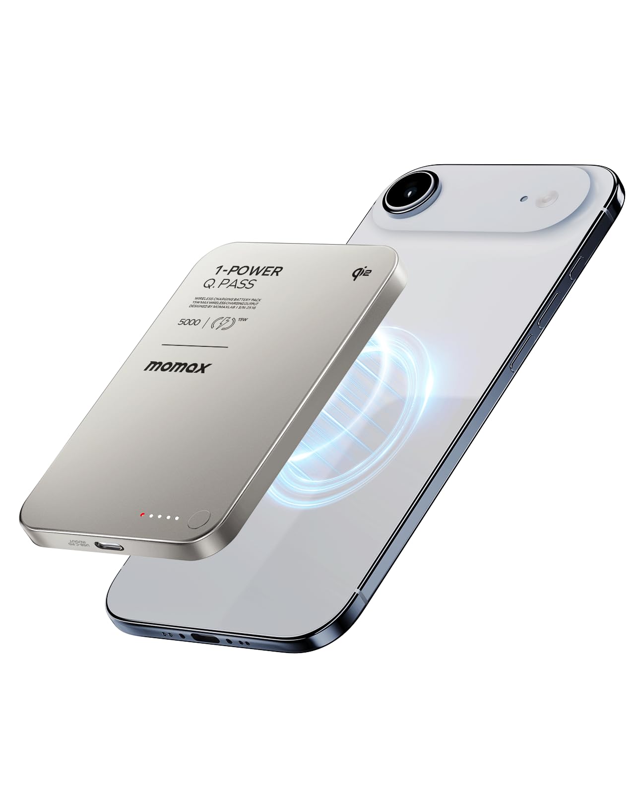 MOMAX Magnetic Portable Charger Slim 0.37", 5000mAh Qi2 Certified 15W Fast Charging Power Bank iPhone Air MagSafe Battery Pack Designed for iPhone 17 Pro Max/17 Pro/Air/16/15/14/13/12
