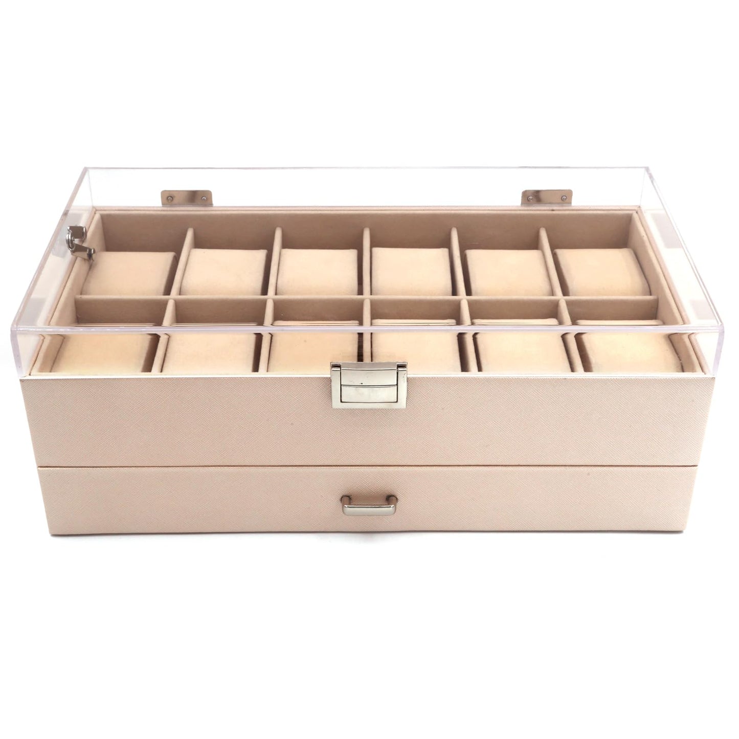 KLOUD City 12-Slot Watch Box with Lockable Drawer Acrylic Display Lid | Velvet Organizer for Luxury Watches, Jewelry & Eyewear (Pink-W3008)